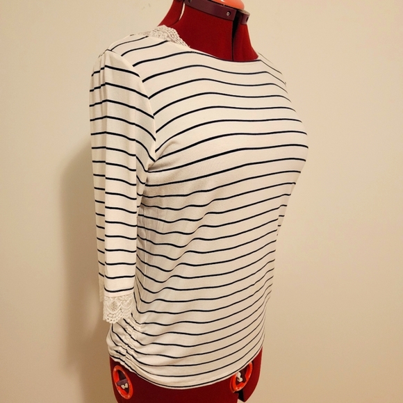 French Dressing Jeans Striped 3/4 Sleeve Ruched Dressy Shirt | Size M - Picture 7 of 9